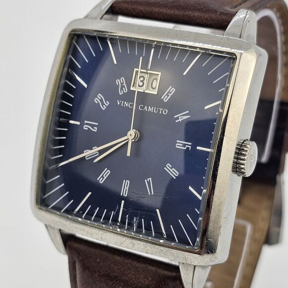 Vince Camuto Men's Watch 38MM Blue Dial Date Brown Leather Bands New Battery - Picture 4 of 15